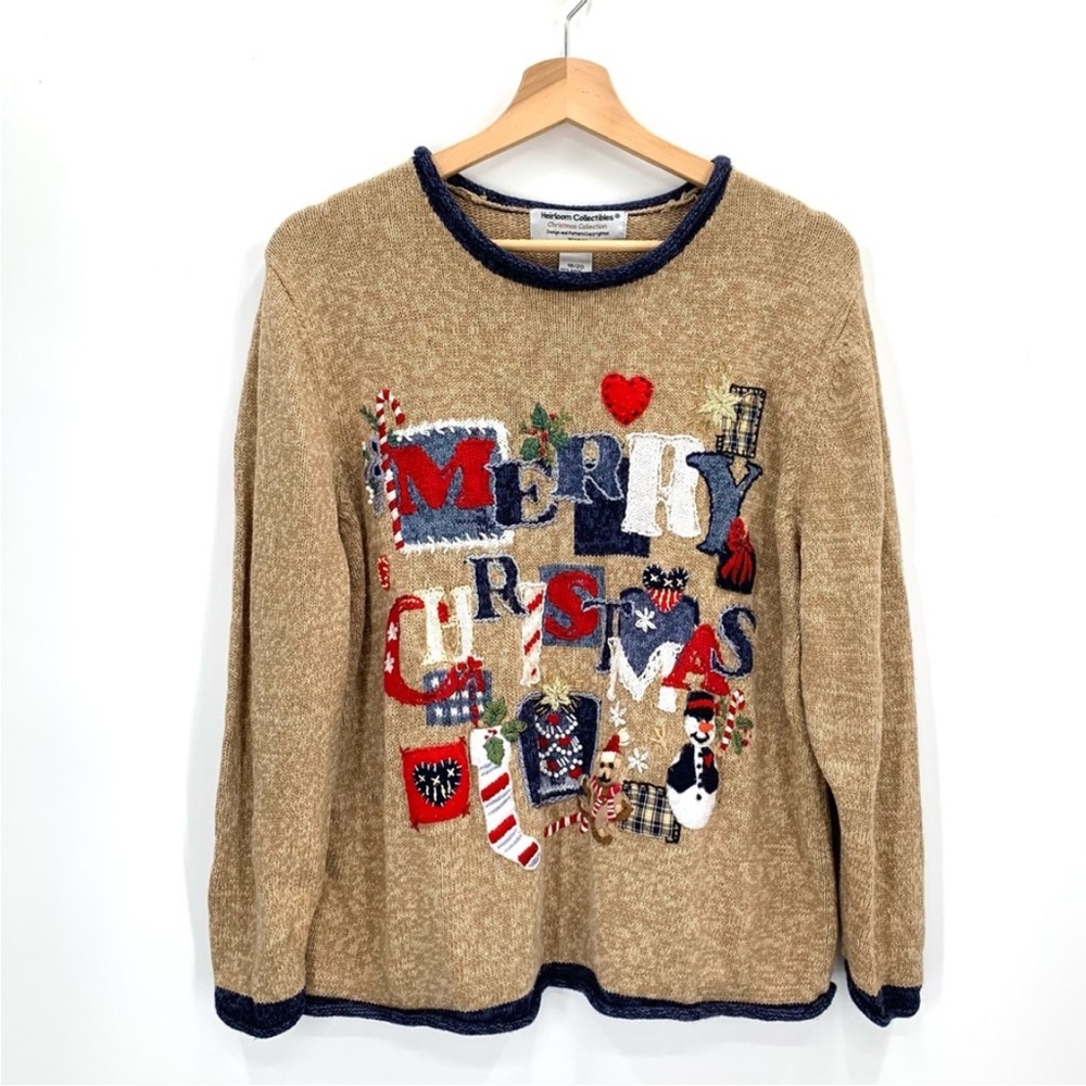 Heirloom Collectibles Christmas Collection Tan Embellished Sweater Size 18